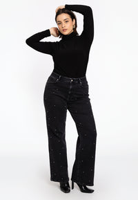 Wide leg jeans with pearls - black - #1