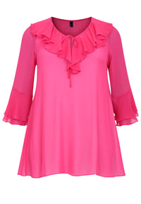 Tunic frilled v-neck VOILE - pink - #4