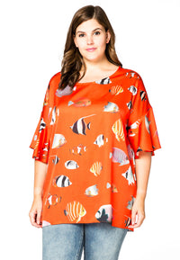 Blouse wide frilled sleeves FISHES - orange - #1