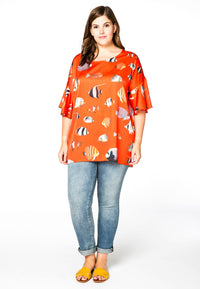 Blouse wide frilled sleeves FISHES - orange - #2