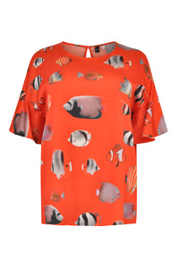 Blouse wide frilled sleeves FISHES - orange - #4