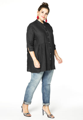 Blouse asymmetric ruffled LINEN - black  - #2